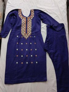 Elegant kashmiri warm Blue Embroidered Kurta Set