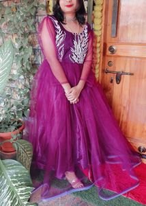 Maroon Embroidered Tulle Dress