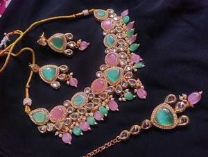 Mint &amp; Rose Quartz Kundan Jewelry Set