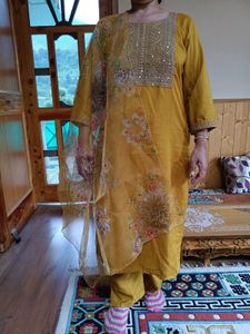 Elegant Mustard Salwar Kameez With Organza Duppata
