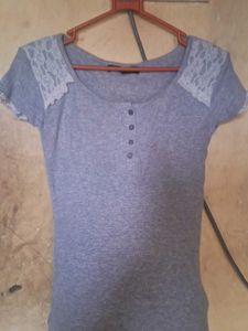 Gray Tee with Lace Detail