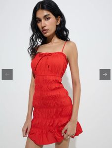 Red Smocked-Detailed Cotton Tiered Dress