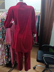 Party Wear Elegant Maroon Velvet Coord Set Suit