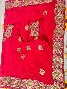 Rani Pink with Hand Embroidered Golden &amp; Silver Za
