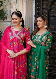 Emerald Green Floral Maxi Dress Chinon Febric