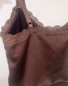 Brown Lace Trim Cami Top