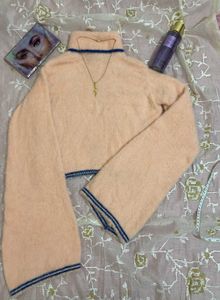 Turtle Neck Furry Sweater With Huge Bell Sleeves