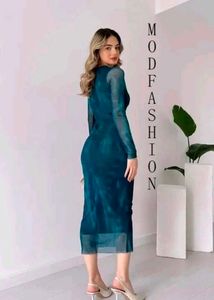 MOD APPARELS Elegant Teal Mesh long sleeve bodycon