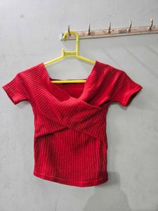 Red Ribbed Wrap Top