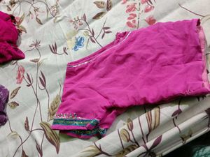 Lace Border Mirror HandWork Pink Saree,&amp; Petticoat