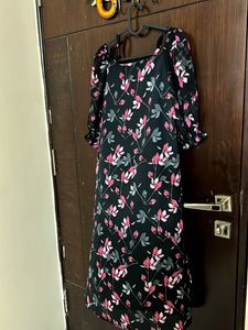 Black Floral Print Midi Dress