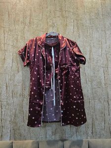 Brand New Satin Night Suit | Maroon Floral | Fits