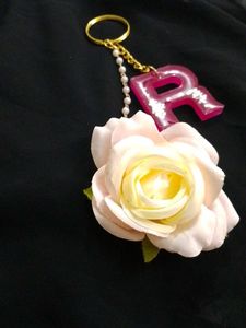 Pink Initial R Floral Keychain