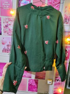 Green Floral Turtle Neck Embroidered Top