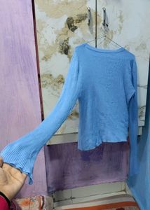 Blue Knit Bell Sleeve Top