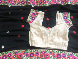 Black Saree with Embroidered Floral Border