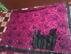 Pink & Black Embellished Saree with Blouse