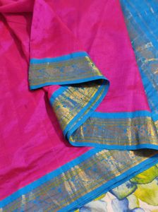 Rani Pink And Blue Silk Cotton Saree