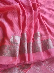 peach Pink Silk Saree With silver detailing