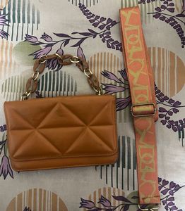 Brown Croco &amp; Orange Quilted Bag