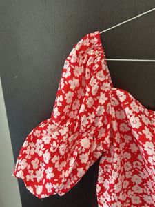 Red Floral Puff Sleeve Mini Dress