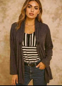 Elegant Gray Button-Front Cardigan