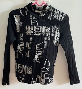 Black Mesh Long Sleeves Printed Tshirt