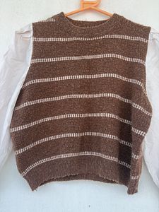 Brown Knit Sweater with Blouse Sleeves