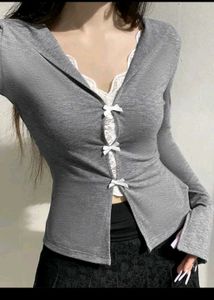 Gray Cardigan with Bow Details