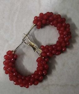 Red Beaded Hoop Earrings