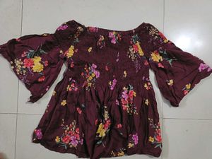 Off Shoulder Floral Flared Sleeves Top (L)