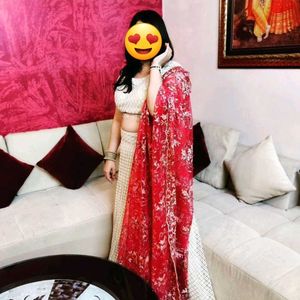 OFF WHITE LEHNGA WITH RED DUPPATA