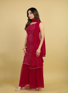 Elegant Red Sequin Palazzo Suit