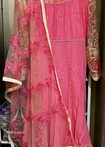 Pink Anarkali Kurta &amp; Embroidered Net Bupatta