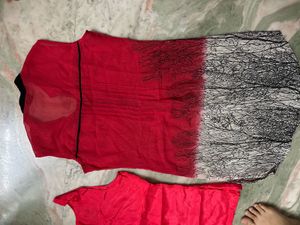 Red &amp; Black Sleeveless Kurta
