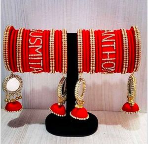 Thread Work Bangles Red Colour With Name Bangle
