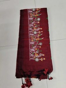 Meroon Khadi Cotton Embroidery Saree...