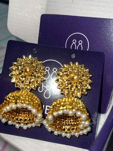 Gold Jhumka Earrings with Pearl Detail