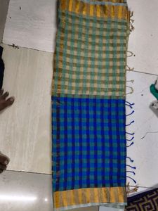 Blue &amp; Gold Checked Saree