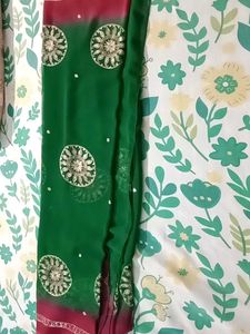 Green &amp;Pink  Embroidered Saree No Blouse