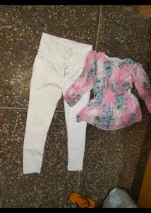 Combo Of Pink Top And White Denim Jeans