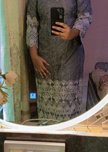 Embroidered Grey Kurti With Pant N Duppata Set