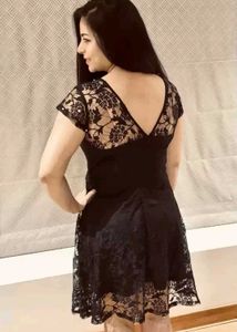 Elegant Black Lace Fit &amp; Flare Dress with Pearl De
