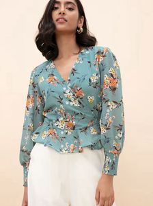 Green Floral Print V Neck Wrap Top