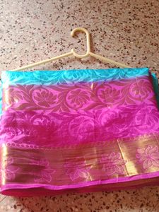 Blue And Pink Saree With Gold Border