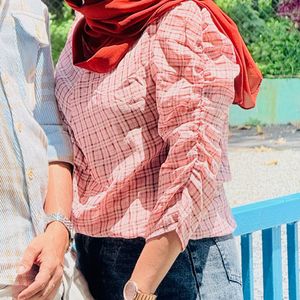 Pink Plaid Ruched Sleeve Top