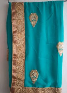 Teal &amp; Gold Embroidered Saree