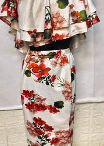 Floral Off Shoulder Cord Set With Pencil Skirt