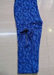 Blue Floral Print Zipper Pocket Pants