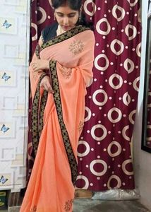 Elegant Peach Saree with Blue Velvet lace Border